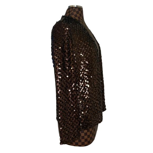 Brown Sequin Open Knit Jacket Cardigan M/L Crochet Glam Preppy Disco Dramatic - Picture 3 of 10